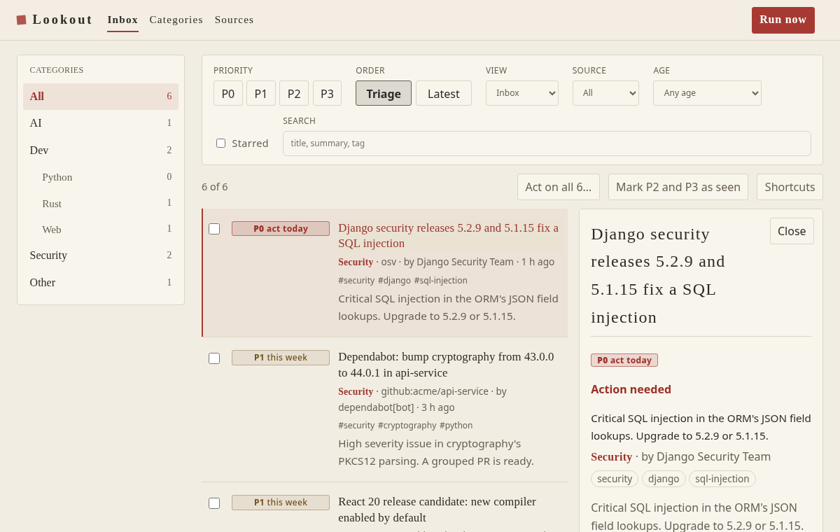 The Lookout inbox in light mode. A P0 item, a critical Django advisory, is open on the right with the rule that made it P0.