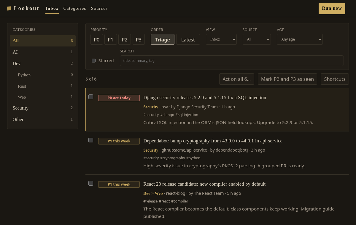 The Lookout inbox in dark mode, six items ordered from P0, act today, to P3, background.
